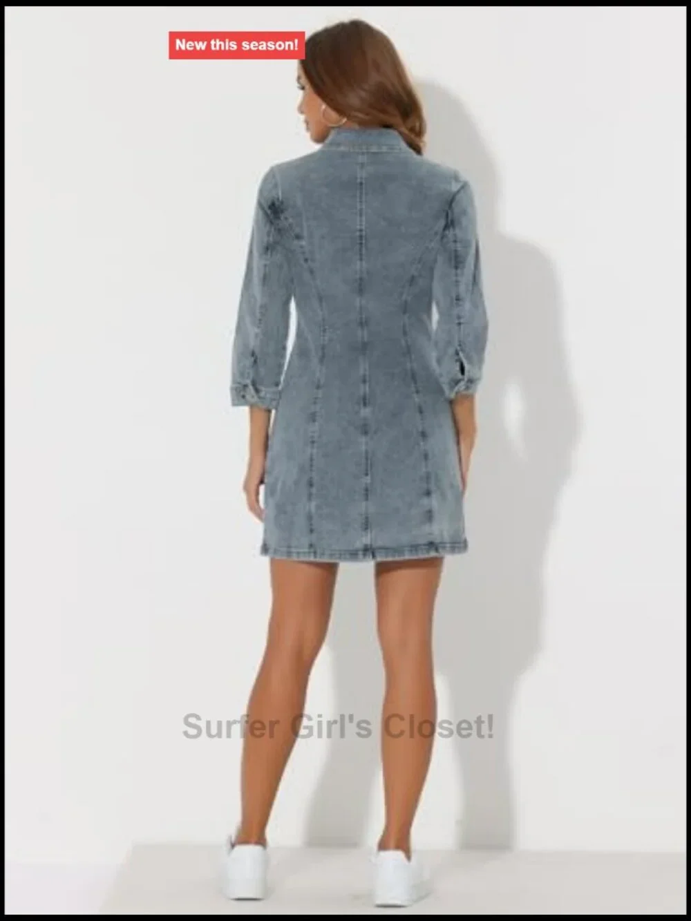 Womens Denim Mini Dress 3/4 Sleeve Button Down Fitted Casual Western Style